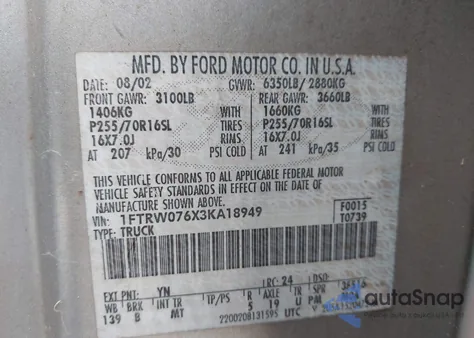 2003 Ford F-150 Lariat/Xlt z USA, uszkodzony, nr VIN 1FTRW076X3KA18949